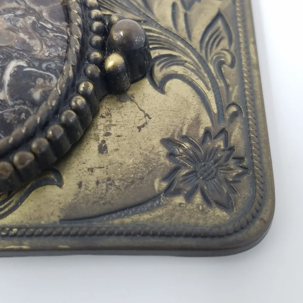 Vintage Brass Tone Belt Buckle With Brown Marble Like Stone